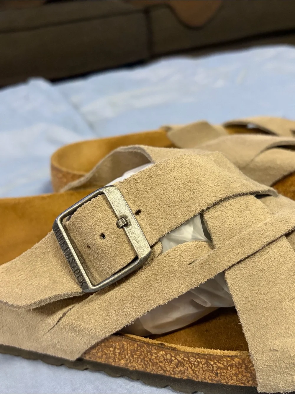 Birkenstock Taupe Lugano Suede Crisscross Buckle Sandals